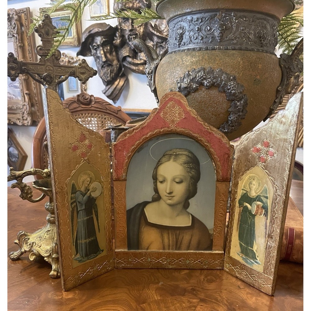 Vtg Lg Italian Florentine Triptych Pink Religious Alter Icon Madonna Angels 10"